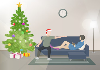 Happy couple celebrating Christmas. Young family sitting on the sofa near the Christmas tree. Cozy home interior. Vector illustration.