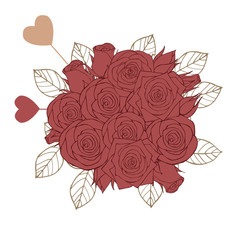 Fototapeta premium Bouquet of roses with hearts. Flowers on Valentine's Day.Vector illustration