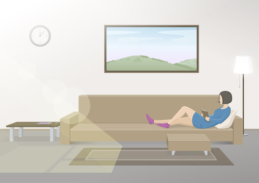 Young woman reading book on couch. Modern home interior. Vector illustration.