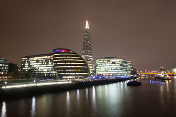 London Skyline at Night including The Shard and City Hall and the Thames River