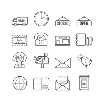 Set of vector outline post office icons. Thin line icons for web, print, mobile apps design