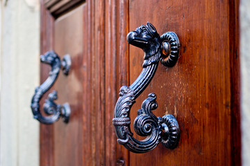 dragon-shaped handles of an ancient door