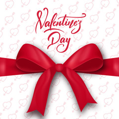Valentines Day. Valentines Day card with script lettering and realistic silk gift bow. Valentine's Day greeting card.