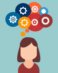 Creatice thinking concept with female avatar and icons in a thought bubble