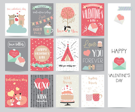 Valentine's day collection for banners,Placards with cake,letter,ribbon,bear,heart and fox
