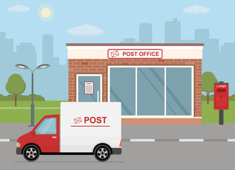 Post office building, delivery truck and mailbox on city background. Flat style, vector illustration. 
