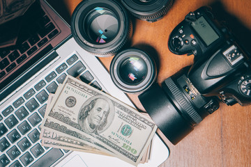 photographer's desk on which his instruments and cash are located, top view