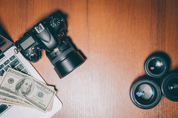 photographer's desk on which his instruments and cash are located, top view