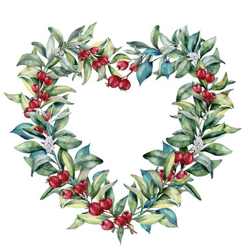 Watercolor floral heart wreath. Hand painted eucalyptus branches with leaves, red and white berries isolated on white background. Valentine's Day illustration.