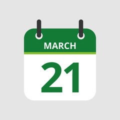 Flat icon calendar 21st of March isolated on gray background. Vector illustration.