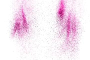 abstract pink dust explosion on  white background. abstract pink powder splattered on white  background, Freeze motion of pink powder exploding.