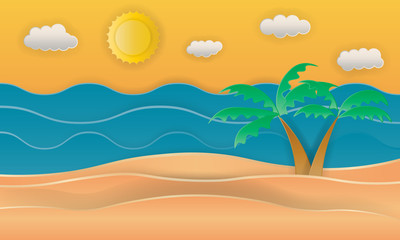 Fototapeta na wymiar Summer time , sea with beach and coconut tree , paper art style