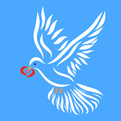 A flying white dove with a heart in its beak