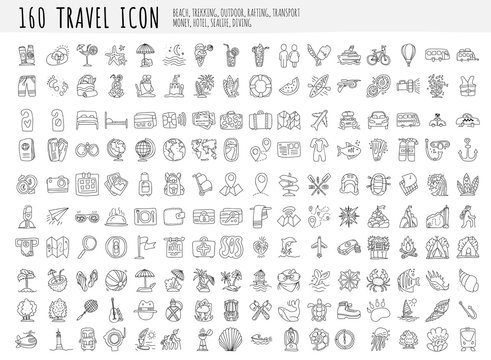 Travel hand draw icons. Icon lined cartoon collection about adventure, outdoor activities, beach, summer, travelling, get a vacation and extremal sport. Traveling icon set
