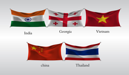 Set Flags of Countries in Asia. India, Georgia, Vietnam, China, Thailand. Vector illustration