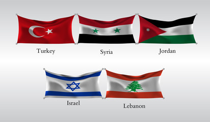 Set Flags of Countries in Asia. Waving flag of Turkey, Syria, Jordan, Izrael, Lebanon . Vector illustration