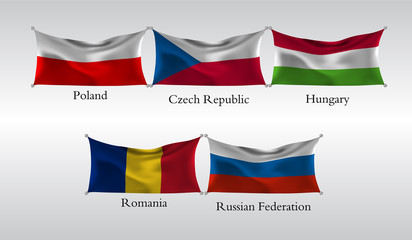 Set Flags of European countries. Waving flag of Poland, Czech Republic, Hungary, Romania, Russian Federation. Vector illustration