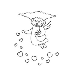 Vector illustration of little angel with hearts. Greeting invitation card for saint Valentine day, wedding day. Coloring page book