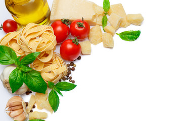 Traditional italian products - pasta, parmesan cheese, tomatoes, olive oil