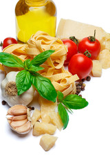 Traditional italian products - pasta, parmesan cheese, tomatoes, olive oil