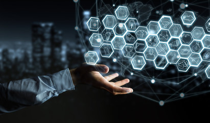 Businessman holding multimedia hand-drawn interface