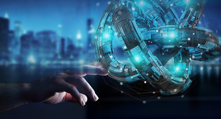 Businessman using futuristic torus textured object 3D rendering