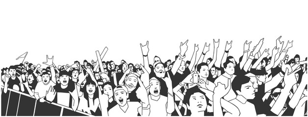 Illustration of large crowd of people cheering at concert with raised hands in black and white