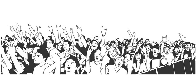 Illustration of large crowd of people cheering at concert with raised hands in black and white