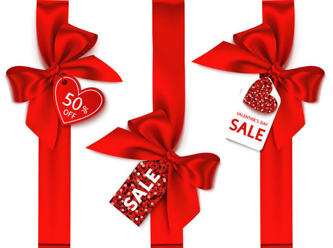 Decorative set of vertical ribbon with bow and sale  tag for Valentines day sale design. Vector holiday love label with heart