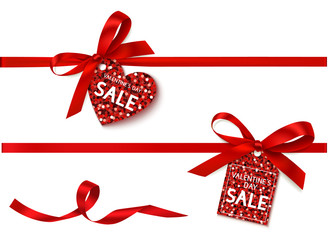 Decorative horizontal red ribbon with bow and holiday sale tag for Valentine's day. Vector decoration and heart label