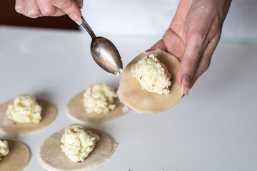 Tasty dumplings with potato filling. Making dumplings in the kitchen.
