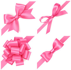 Vector set of pink bow with diagonaly ribbon on the corner for gift decor