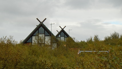 The roofs of two houses, which look like huts, look out from behind the trees