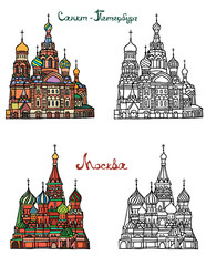 St Basils cathedral on Red Square in Moscow. Saint Petersburg, Church of the Saviour on Spilled Blood. Russian architecture. Color with black and white vector illustration of famous buildings.