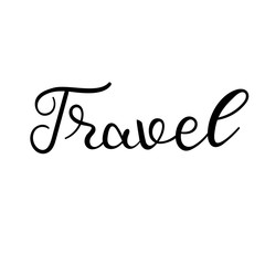 Travel lettering isolated on white, hand written vector. Adventure concept