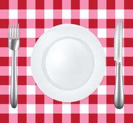 Empty plate with fork and knife on picnic tablecloth, vector