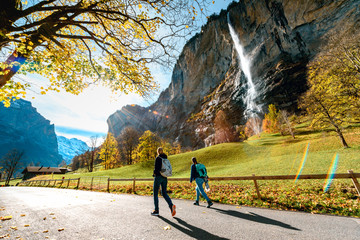 Beautiful autumn time at village of Lauterbrunnen in Swiss alps, gateway to famous Jungfrau. Set in...