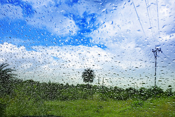 Natural water drop background.CAR Window glass with condensation of natural water drops .Abstract photo.