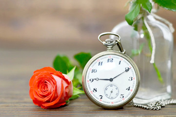  Fathers Day card with red rose and vintage pocket watch