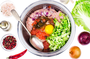 Ingredients for dish of chopped meat and cabbage