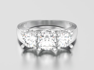 3D illustration white gold or silver three stone diamond ring
