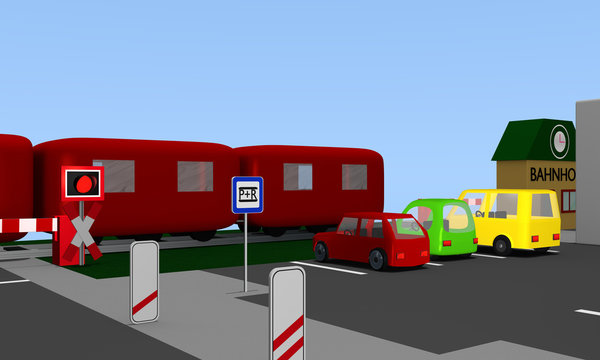 Parkplatz mit bunten Autos, parken- und reisen Schild. an einer Bahnschiene mit Zug und Andreaskreuz. 3d render