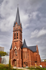 Fototapeta na wymiar Belfry of the neo-Gothic church in Frankfurt (Oder).
