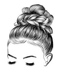 Hand-drawn beauty woman with luxurious cute bun hairstyle. Idea for card typography vector.Wedding...