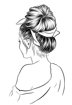 Hand-drawn beauty woman with luxurious cute bun hairstyle. Idea for card typography vector.Wedding style