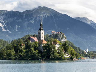 view of the Church on the island in Lake Bled