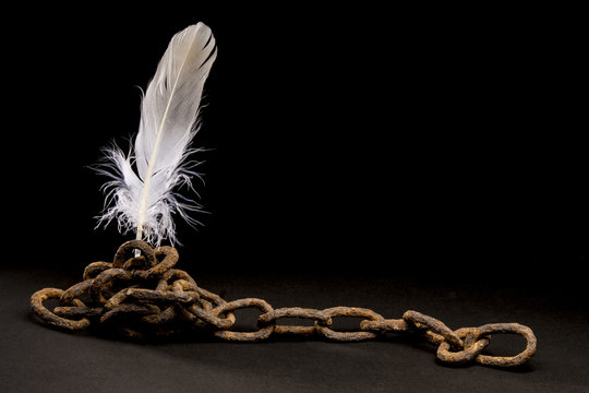Old rusty chain holds a bird's feather. Isolated on dark background.  With copy space text. Studio Shot. Concept of freedom of creation.