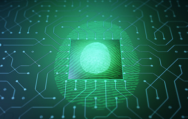Access control. Fingerprint security. Cybersecurity and information technology. Blue, green background with digital integrated network technology. Printed circuit board. Technology background.