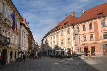 Fototapeta na wymiar Fountain at the end of Stari street in Ljubljana, Slovenia