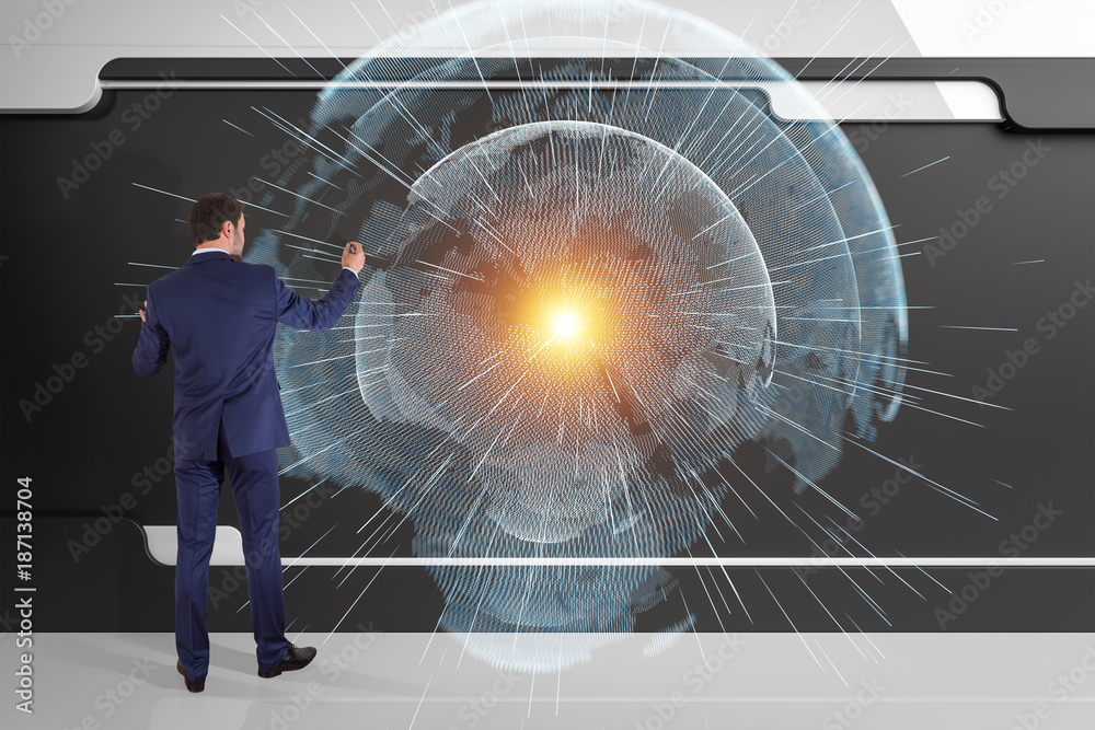 Aufkleber Businessman using digital planet earth interface on a board 3D rendering